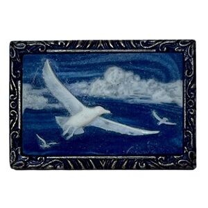 Vintage Incolay Belt Buckle Carved Stone Birds Sky Blue Coastal 1970s Brass